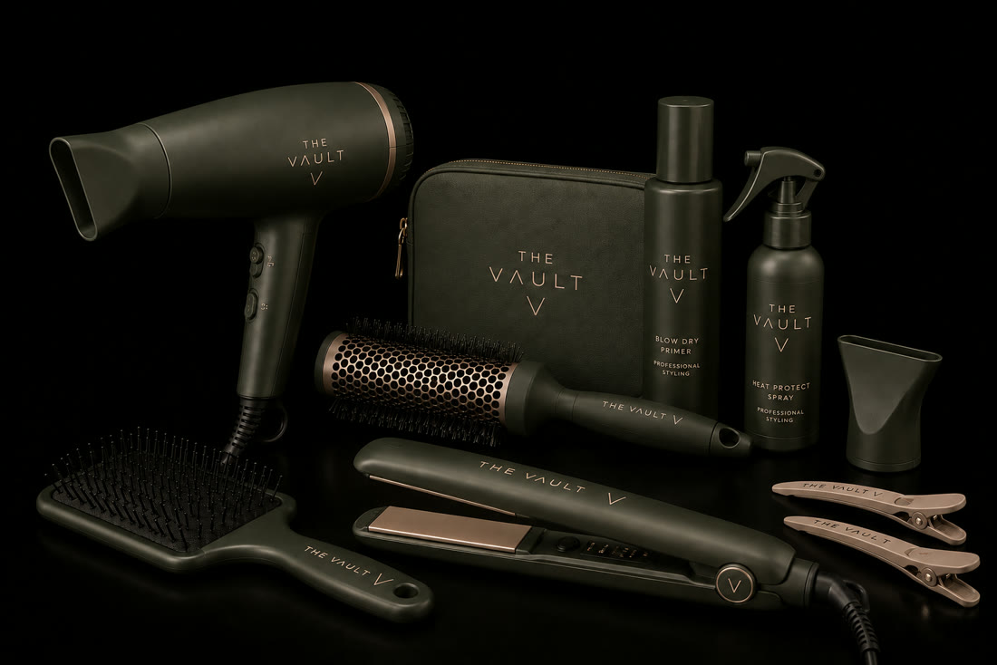 The Vault Blow Dry kit — dryer, flat iron, round brush, paddle brush, primer, heat protect spray and clips
