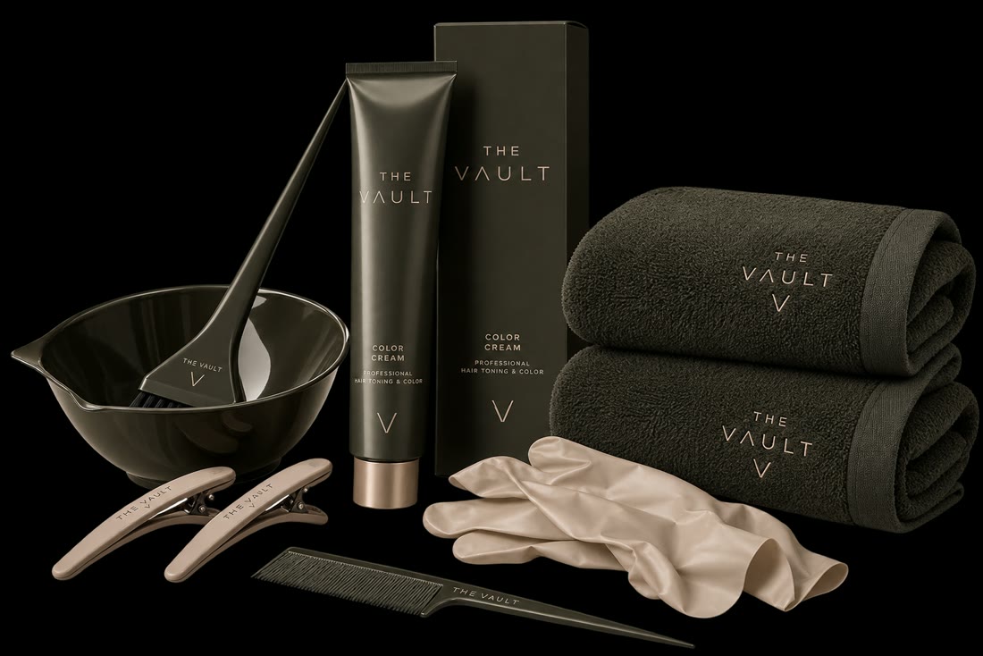 The Vault Color Cream kit — tube, mixing bowl, brush, clips, gloves and towels
