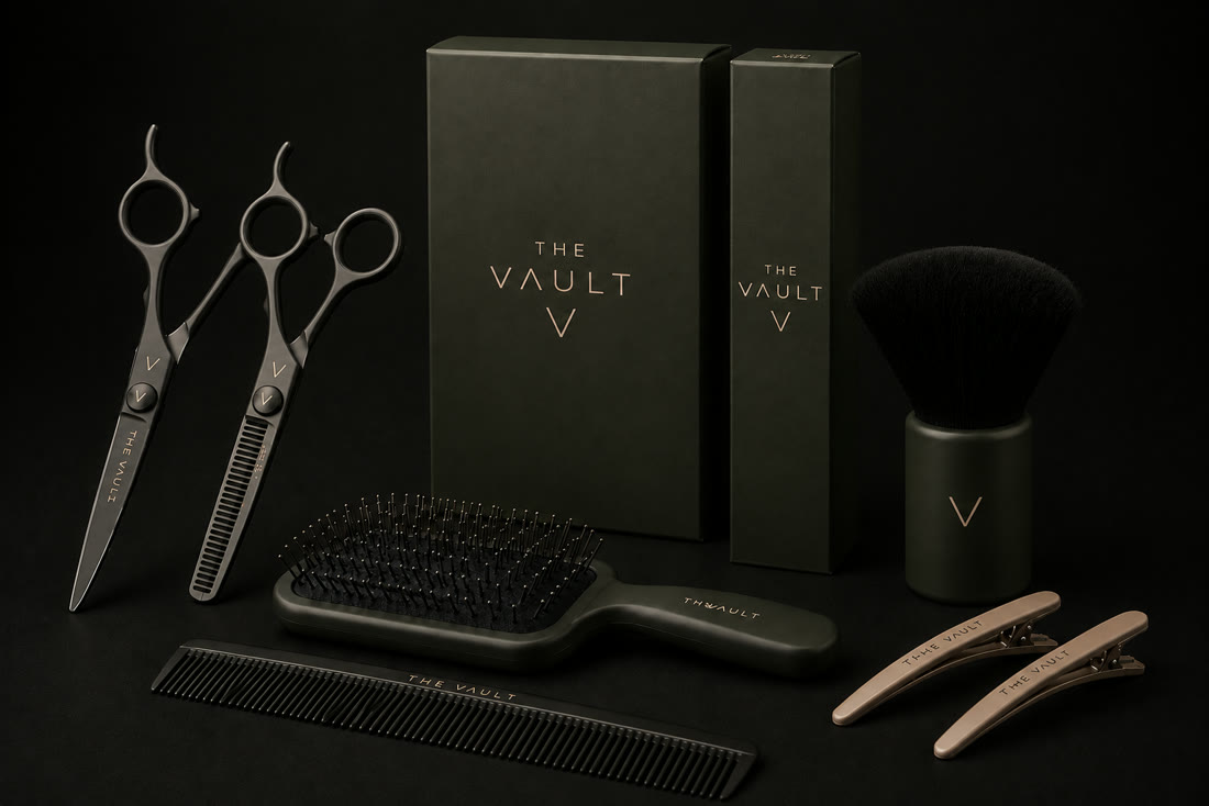 The Vault Haircut kit — dryer, flat iron, round brush, paddle brush, sprays, pouch and clips